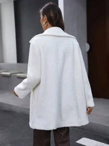SHEIN LUNE 连帽贴袋撞色纽扣蓬松休闲、通勤优雅中长款女士大衣，秋冬季保暖外套 - 杏色 - 查看 2