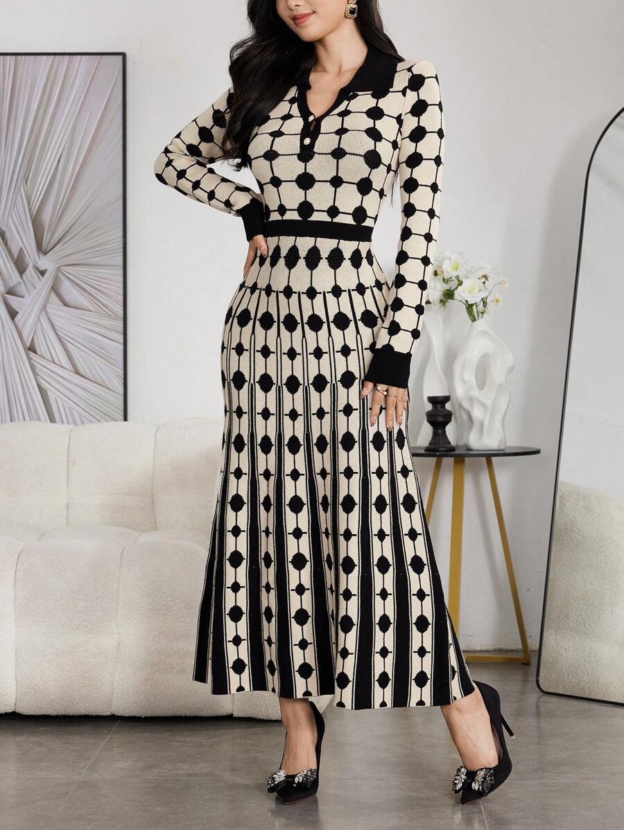 Modelyn Váy len chấm bi viền chuông phối màu cho nữ - Màu be - Xem 1