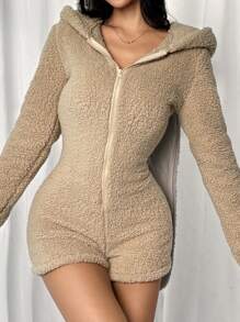 SHEIN EZwear Women's Hooded Zipper Long Sleeve Fashionable Fitted Fleece Playsuit