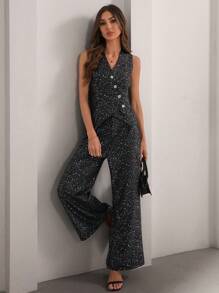 EMERY ROSE 女士前扣无袖上衣和裤子休闲套装 - 黑色 - 查看 3