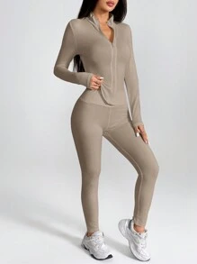 SHEIN PETITE Black Two Pieces Set Sportswear Zip Up Jacket & Leggings