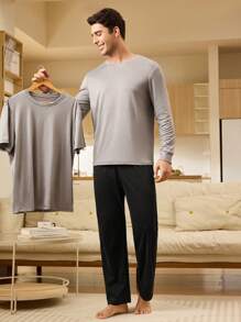 Conjunto de ropa de hogar para hombres con top de cuello redondo y pantalones de unicolor, simple y cómodo