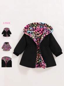 SHEIN Explorewe Áo khoác parka dài vừa phải họa tiết da báo có thể đảo ngược cho bé gái, thích hợp mặc hàng ngày vào mùa thu/đông, áo hoodie kết hợp, đồ nỉ, váy - Nhiều màu - Xem 1