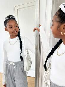 SHEIN 2 件套 Tween 女童针织立领长袖保暖上衣，秋冬季修身 T 恤，日常搭配，黑色和白色 - 黑與白 - 查看 6