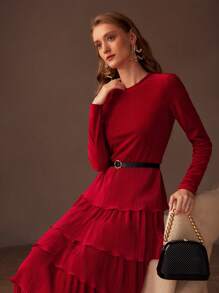 MOTF PREMIUM SOLID PLISSE LAYERED RUFFLE HEM BUCKLE BELTED DRESS - Red - View 6