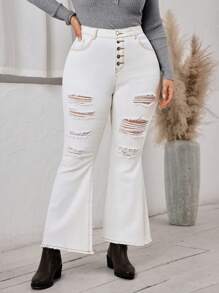 SHEIN LUNE Plus Size Women Denim Flared Jeans With Buttons, Pockets And Distressed Detail - White - View 6