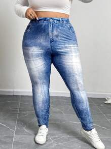 SHEIN CURVE+ Plus Size Summer Full Print Pattern Leggings - Blue and White - View 4