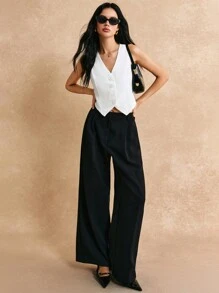 Poéselle 夏季度假婚礼季，休闲波西米亚风纯色简约垂褶V领无袖西装外套，饰有装饰纽扣，优雅浪漫，可爱上衣，短款女装，白色必备单品，夏季婚礼季必备，秋冬季田园风 - 白色 - 查看 5