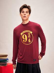 HARRY POTTER X SHEIN Bộ áo thun cổ lọ tay dài in họa tiết đế xuồng cổ điển "9 3/4" cho nam (2 màu) - màu đen - Xem 2