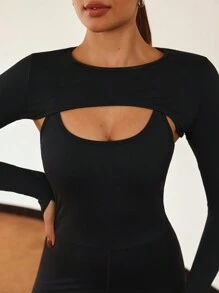 SHEIN Sports Conjunto de activewear con mono ajustado de unicolor minimalista elástico y top de manga larga con orificio para el pulgar para mujeres - Negro - Ver 7