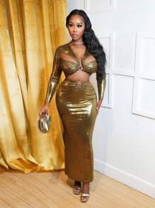BamGleam 2pcs Metallic Hollow Short Top And Fish Tail Skirt Set, Sexy, Autumn