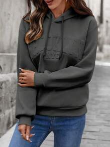 EMERY ROSE Women's Casual Loose Hooded Sweatshirt With 3D Letter Graphic,Long Sleeve Top,Graduation,Teacher,Back To School Pullover Fall - Dark Grey - View 5