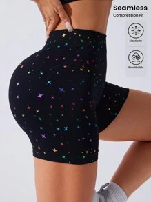 Core Rhythm Quần short thể thao mùa hè in họa tiết lưng thun co giãn, thích hợp cho yoga, quần short tập gym, quần short đi xe đạp - màu đen - Xem 1