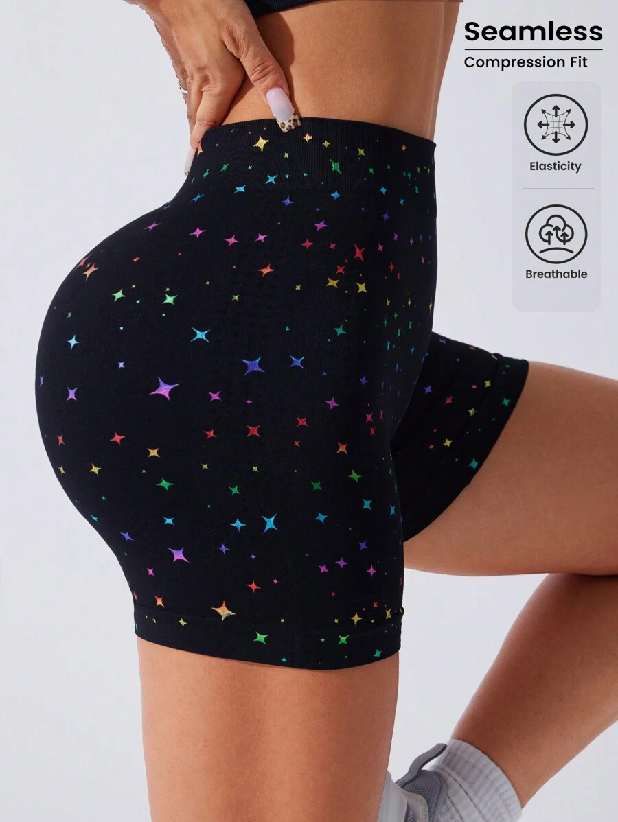 Core Rhythm Quần short thể thao mùa hè in họa tiết lưng thun co giãn, thích hợp cho yoga, quần short tập gym, quần short đi xe đạp - màu đen - Xem 1