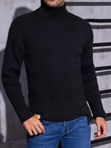 Manfinity Homme Men's Solid Color Turtle Neck Long Sleeve Minimalist Sweater, Casual Daily Wear - Black - View 5