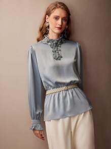 MOTF PREMIUM WOMEN SEQUIN AND BEADED APPLIQUES DETAIL FRILL MOCK NECK FLARE SLEEVE BLOUSE - Baby Blue - View 9