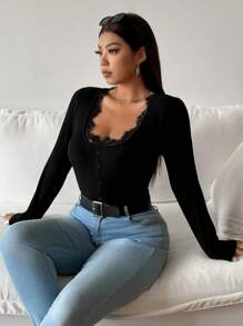 Franclia Plus Size Women Deep V-Neck Contrast Lace Long Sleeve T-Shirt, Casual & Slimming, Decorative Button Design, Autumn/Winter
