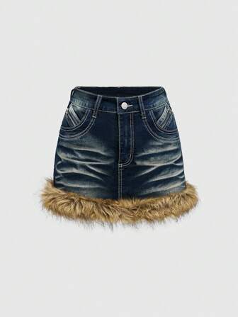 Grunge Punk Y2K Retro Distressed Patchwork Mini Denim Skirt With Fluffy Collar For Women