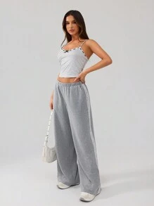 SHEIN SXY Fall Women Clothes;Women Elastic Waist Side Contrast Lace Wide Leg Loose Casual Pants Comfortable, Casual, Versatile And Fashionable, Gray Pants