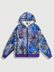 ROMWE MEN Street Life 男士休闲街头图案字母和树木印花落肩宽松抽绳拉链连帽衫，春/秋 - 彩色 - 查看 1