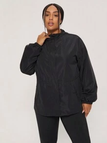 SHEIN BASICS Casual Solid Color Woven Loose Fit Hooded Plus Size Jacket - Black - View 4