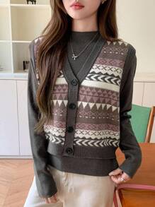 DAZY Set de 2 piezas: Cárdigan de manga larga con botones delanteros y parches de unicolor, y top de punto dulce para mujer para otoño/invierno, ropa de mujer para el otoño - Multicolor - Ver 3