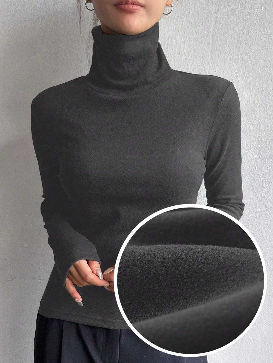 DAZY 女士休闲纯色高领修身羊毛 T 恤,秋冬长袖女上衣 - 深灰色 - 查看 1