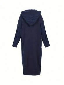 Plus Size Casual Hoodie Cardigan Med Knappar Framtill, Höst/Vinter - Marinblå - Visa 3