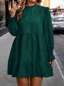 SHEIN LUNE Plus Size Solid Color Puff Sleeve Casual Dress For Autumn