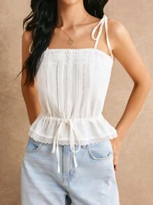 Poéselle Top de tirantes con encaje, bajo con volantes, adecuado para vacaciones, uso diario, salidas con hermanas, elegancia francesa