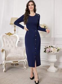 Modelyn Đầm len dệt kim cổ tròn tay dài trang trí nút kim loại thanh lịch cho nữ mùa đông - Xanh đậm - Xem 4