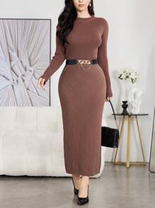 Modelyn Women 2Pcs Set: Solid Round Neck Long Sleeve Ribbed Knit Sweater And Form-Fitting Long Maxi Skirt, Autumn/Winter 2 Pieces Set Fall Cloth For Women - Camel - View 3