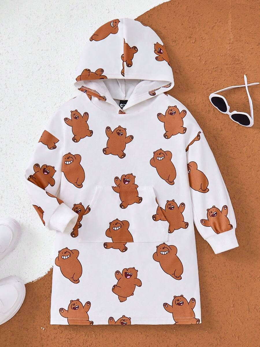 We Bare Bears X SHEIN Young Girl Cartoon Graphic Cute Teddy Bear Full Print Hoodie Brushed Pocket Sweatshirt Dress, Casual For Fall And Winter - White - View 1