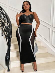 Maweii Plus Size Colorblock Mesh Panel Midi Pencil Skirt Fall Cloth For Women - Black - View 4