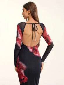 Glamine 1pc Women's Floral Print Backless Tie Back Mesh Floral Print Long Dress With Long Sleeves, Christmas Party Outfit - Red and Black - View 3