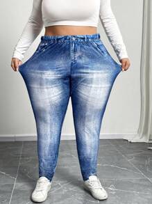 SHEIN CURVE+ Plus Size Summer Full Print Pattern Leggings - Blue and White - View 10
