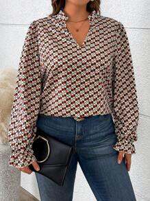 SHEIN LUNE Blusa elegante de manga larga con escote en V y estampado geométrico, para mujer de talla grande, otoño