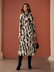 MOTF PREMIUM ALLOVER PRINT TIE NECK PUFF SLEEVE PLEATED HEM LONG DRESS WITHOUT BELT, WOMEN OUTFIT