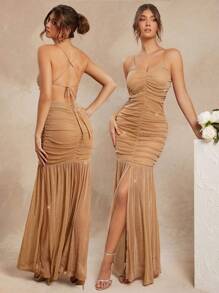 L'Amorae Crossed Back Mesh Center Slit Dress