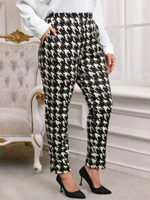 EMERY ROSE Plus Size Winter Women's Casual Commuter Houndstooth Print Tapered Pants,Elegant For Women