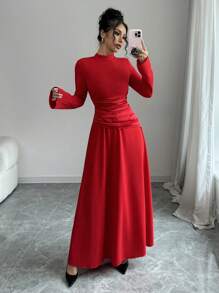 Selianne 女士优雅迷人圣诞派对礼服，缎面腰部拼接设计，圆领，长袖，修身版型，适合新年服装长款女装 - 紅色 - 查看 5
