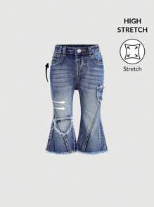 SHEIN 女婴可爱流苏心形复古蓝色牛仔裤 - 中等水洗藍 - 查看 1
