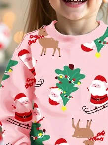 SHEIN Pull ample et confortable en tricot à col ras-du-cou pour bébé fille, avec imprimé mignon du père Noël, des rennes et d'un sapin de Noël