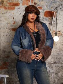 SHEIN ICON Plus Size Contrast Color Fuzzy Patchwork Cropped Christmas Thanksgiving Denim Jacket, Autumn - Blue - View 5