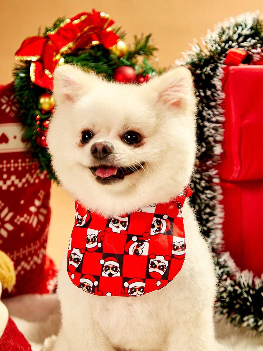 PETSIN قطعة واحدة من حمالة أكل للحيوانات الأليفة مطبوعة بنمط البطانية في شكل بابا نويل، وشاح جميل بنمط للكلاب الصغيرة، وشاح صغير للحيوانات الأليفة ديكور عيد الميلاد، هدية - الأحمر - مشاهدة 1