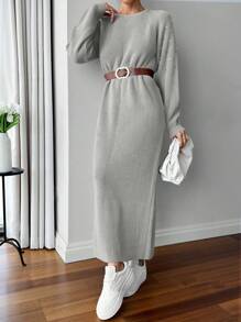 EURMUSE Round Neck Raglan Sleeve Maxi Sweater Dress With Beading - Light Grey - View 3