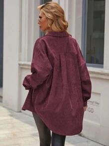 SHEIN LUNE Jaket Kasual Wanita Warna Polos Lengan Panjang Kancing Depan dengan Saku untuk Musim Gugur dan Musim Dingin - Merah tua - View 2