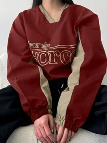 DAZY Women's Contrast Color Patchwork Letter Print V-Neck Loose Pullover Shirt, Christmas Red, Athleisure, Spring/Summer,Fall Clothes Preppy Tops Long Sleeve Top Graphic Tee