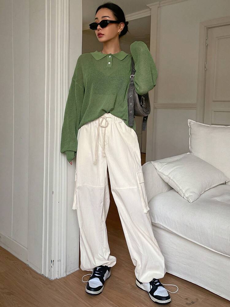Women's Plain Wide Leg Pants With Pockets And Drawstring