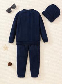 SHEIN Bộ 2 áo thun dài tay cổ đứng in chữ và quần dài cho bé trai, trang phục thường ngày, mùa thu/đông - Xanh đậm - Xem 2